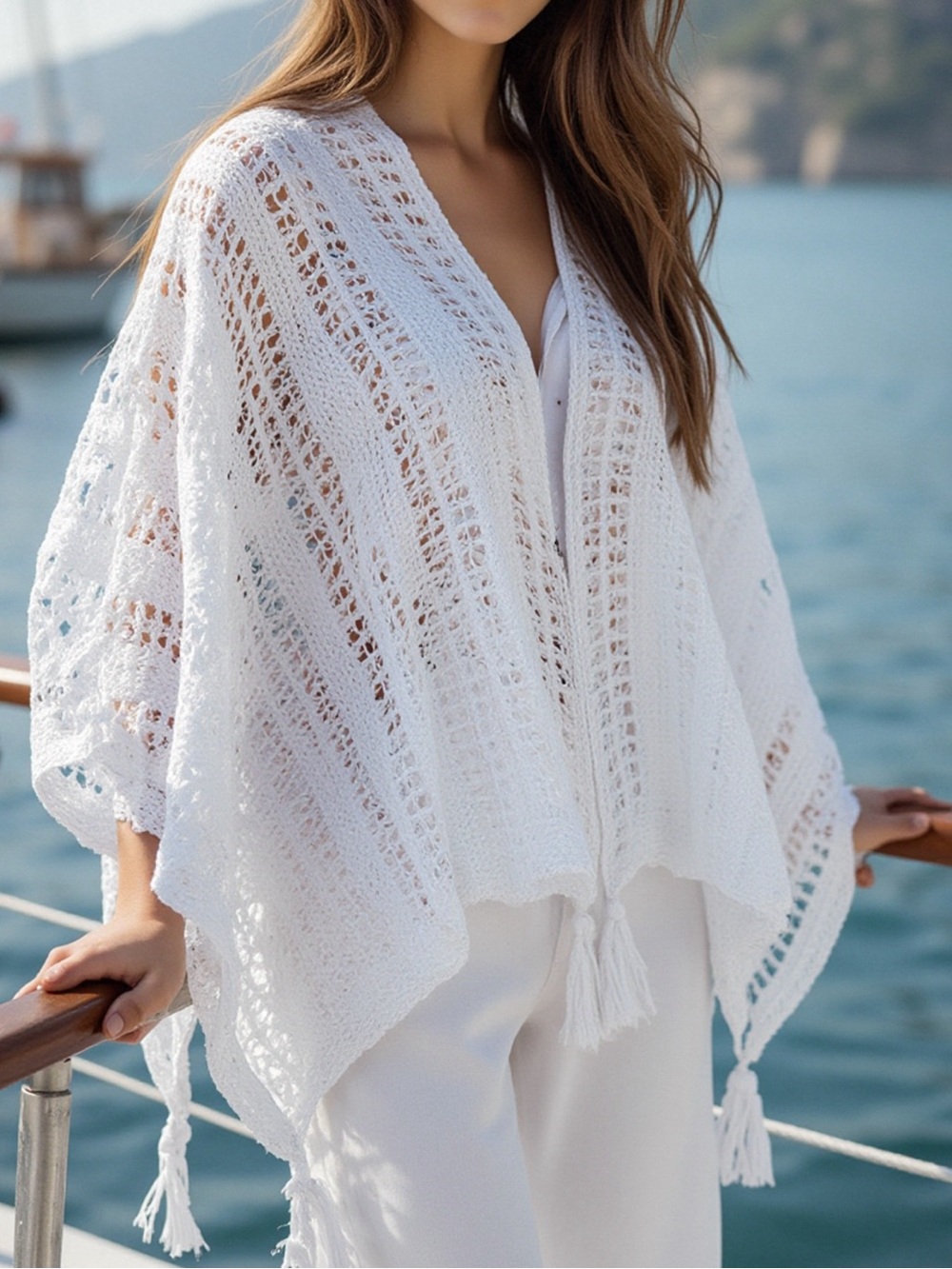 ♥️Openwork Tassel Open Front Knit Beach Cover-Up Poncho-White